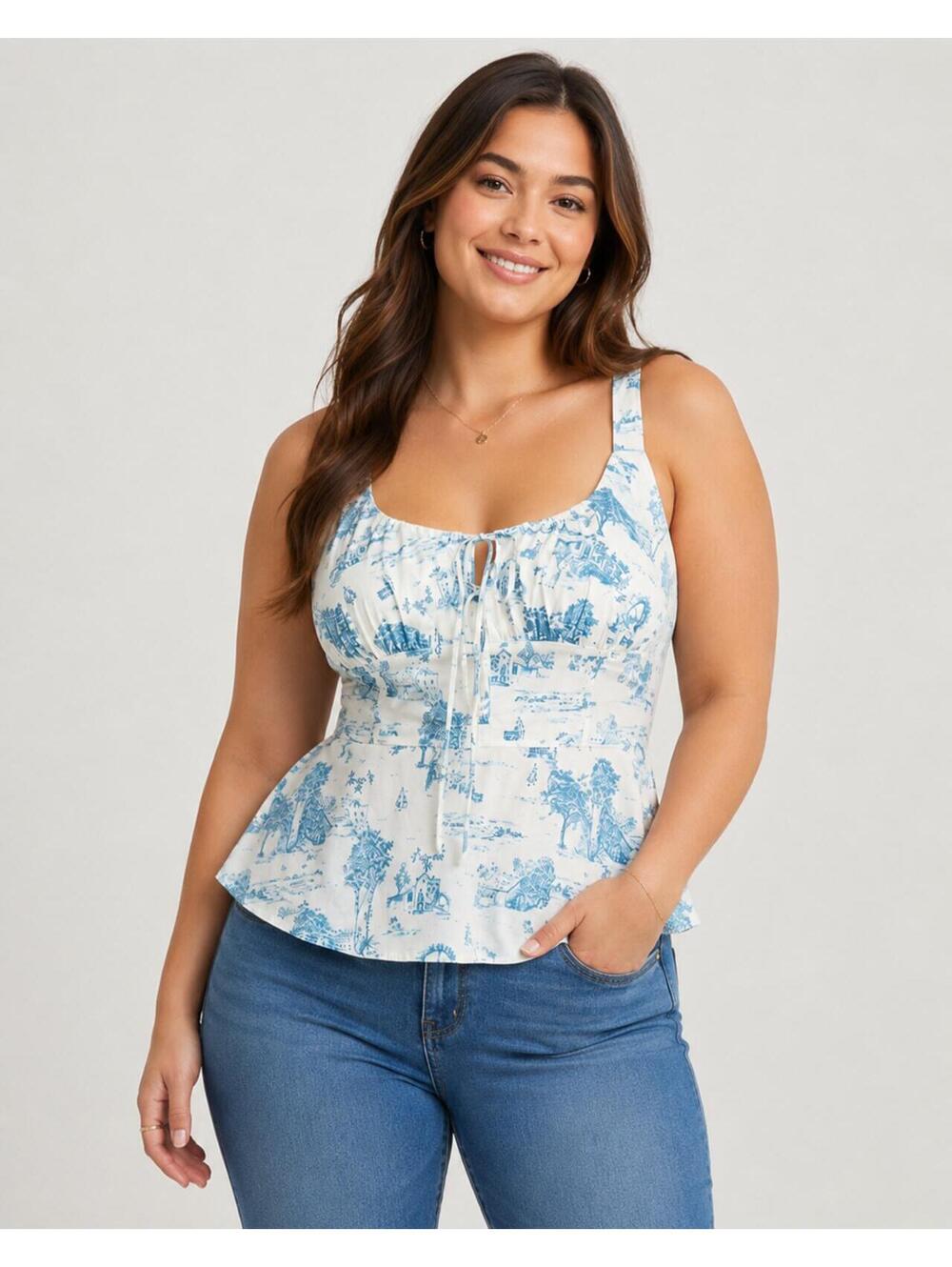 Torrid Blue White Corset Peplum Tank Top Cottagecore Milkmaid  Sz 00 (US 10)